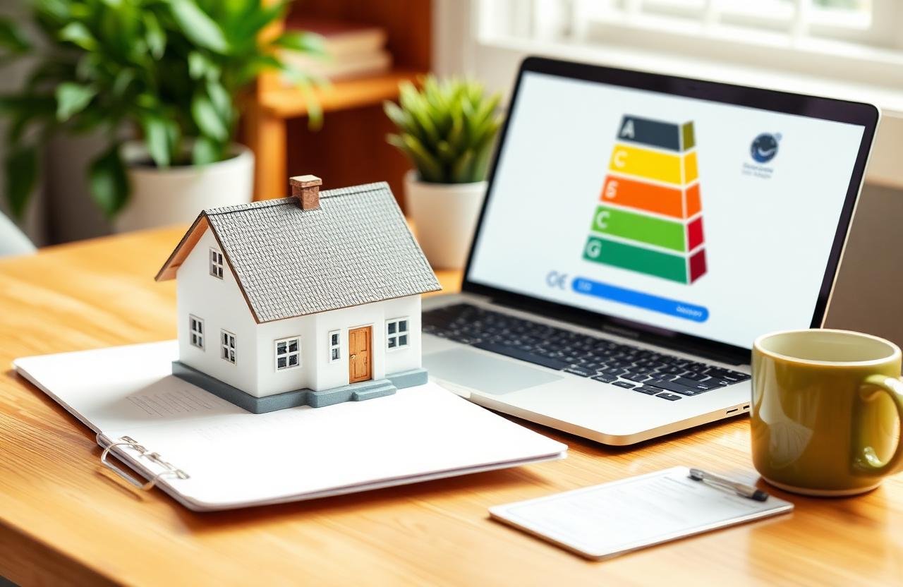 Energieausweis und Modellhaus auf Schreibtisch
